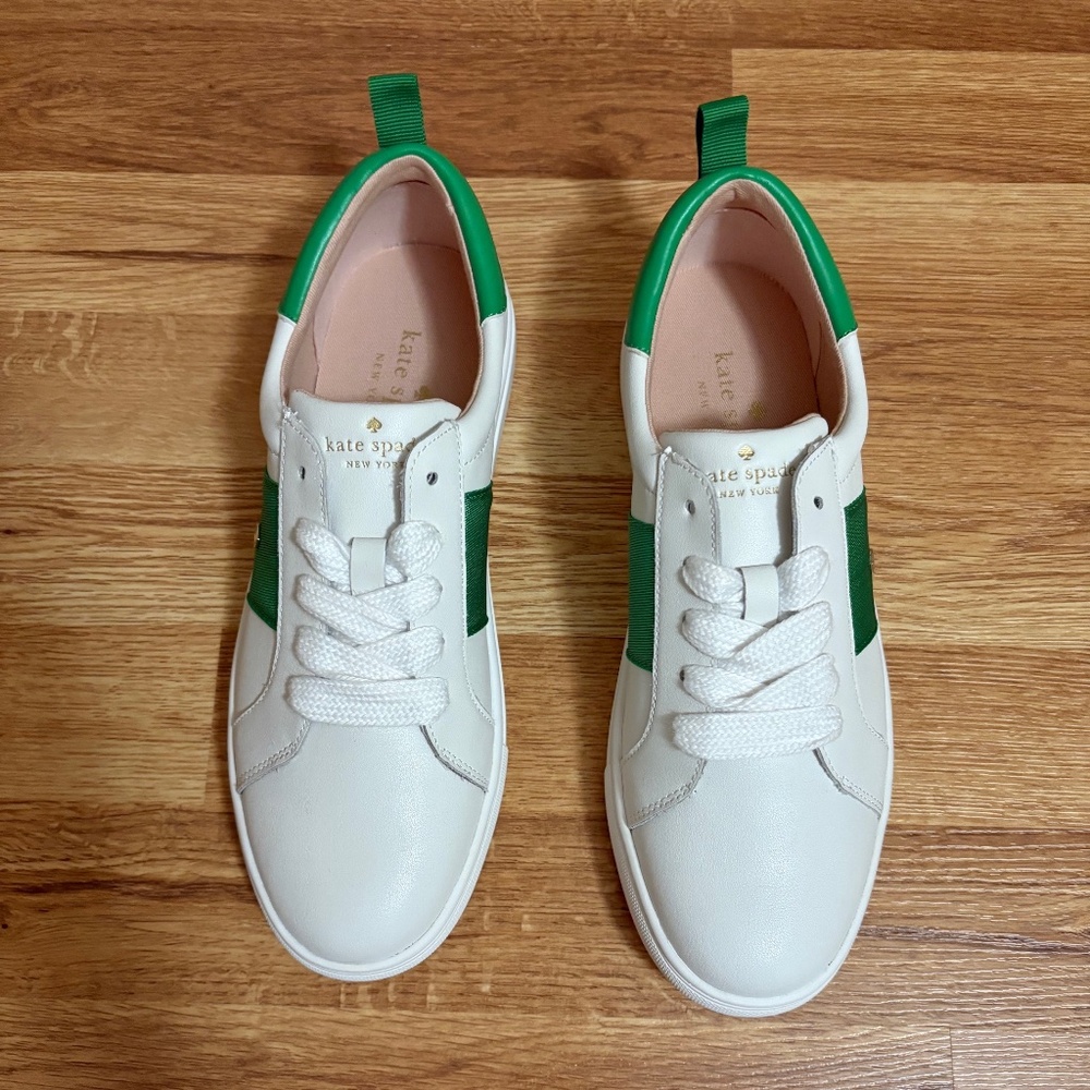 NWOT Kate Spade New York Ainsley Optic White/Green Women's Leather Sneakers